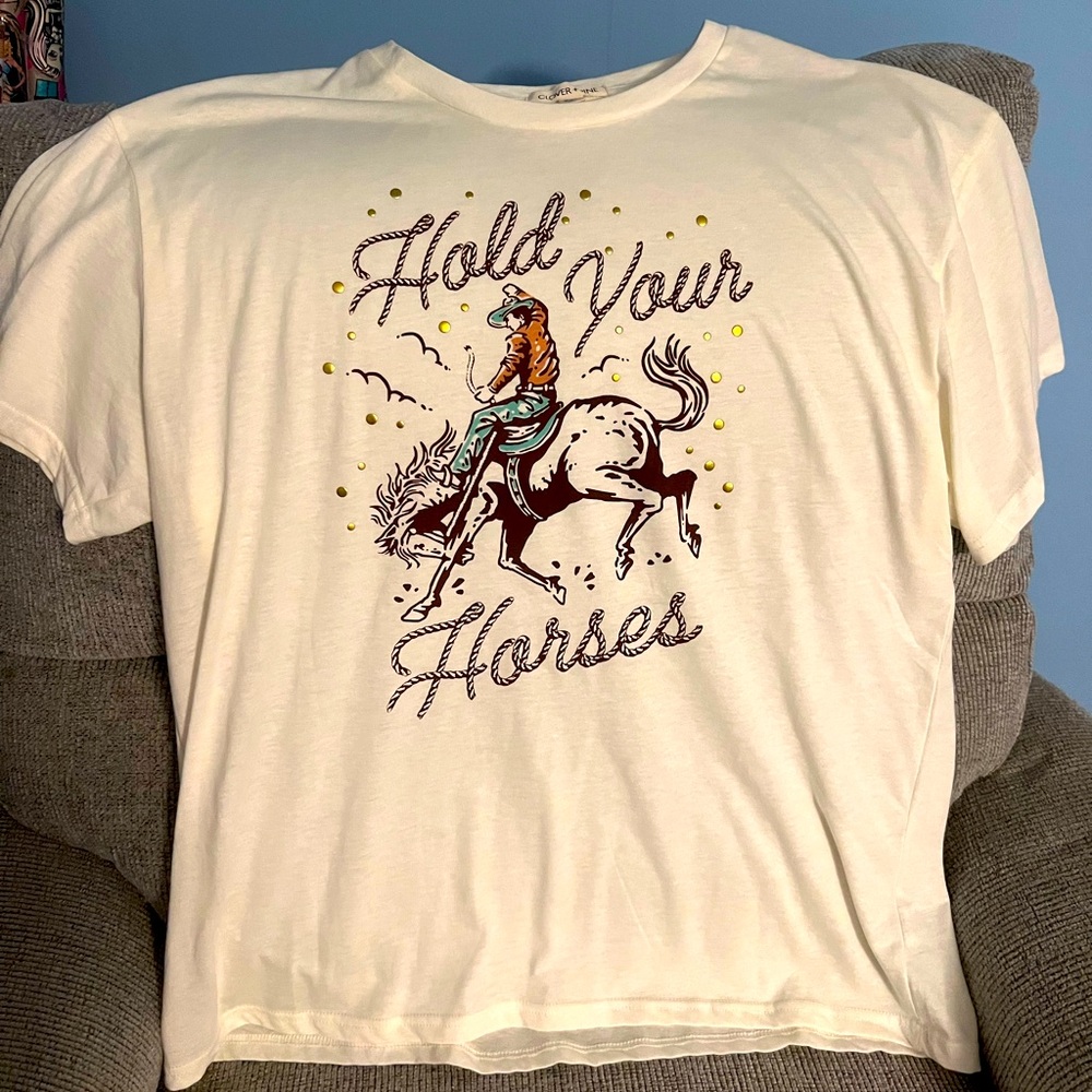 HOLD YOUR HORSES Tee sz L Short Sleeve * Gold Studs * Cowboy Rodeo Horse T-Shirt